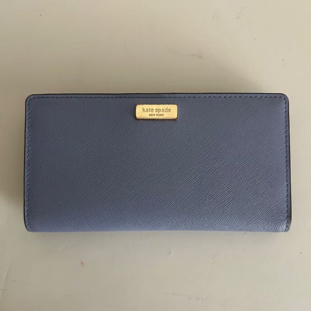 Kate Spade New York Bifold Wallet Saffiano Leather Periwinkle Blue Gold Logo